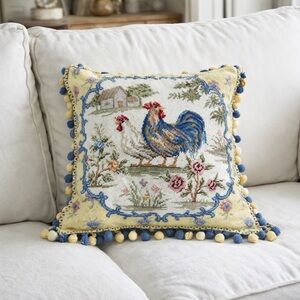 Needlepoint Rooster Pillow 18x18 Wool Tassel Trim Cottage Farmhouse Decor